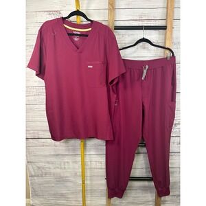 Landau Forward Mens Scrub Set XL Burgundy Wine V-Neck Top Jogger Pants Stretch